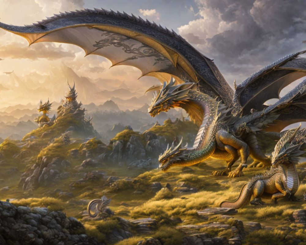 Majestic dragon with outstretched wings on rocky terrain surrounded by smaller dragons