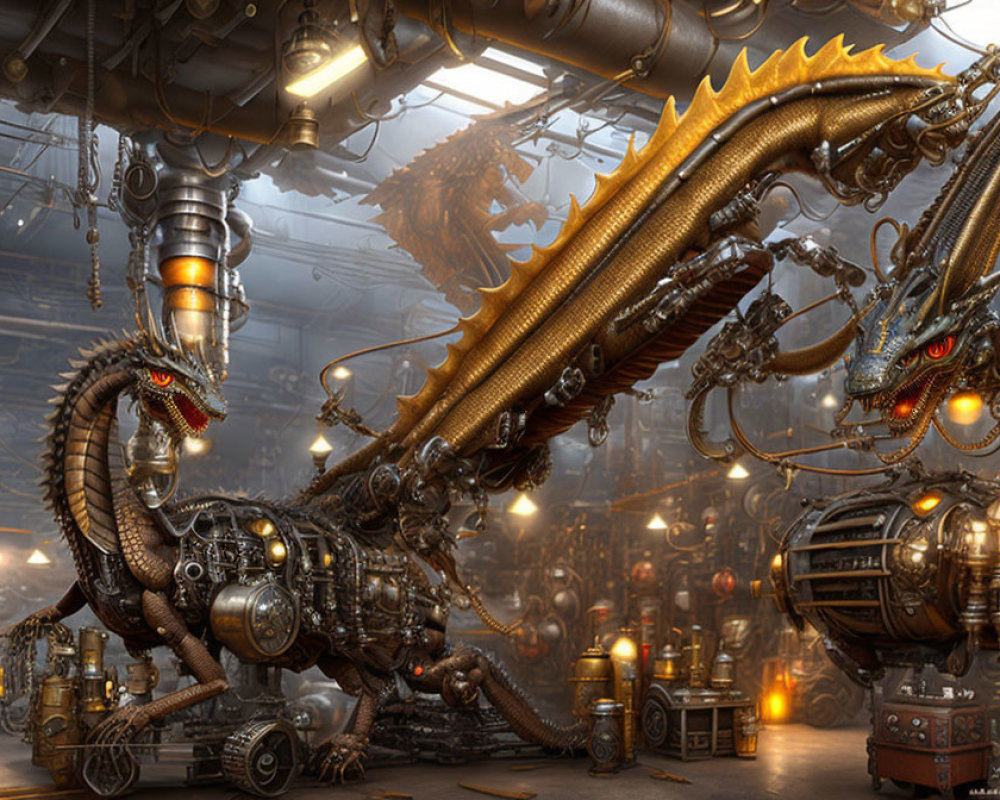 Detailed Steampunk-style Digital Artwork of Mechanical Dragons