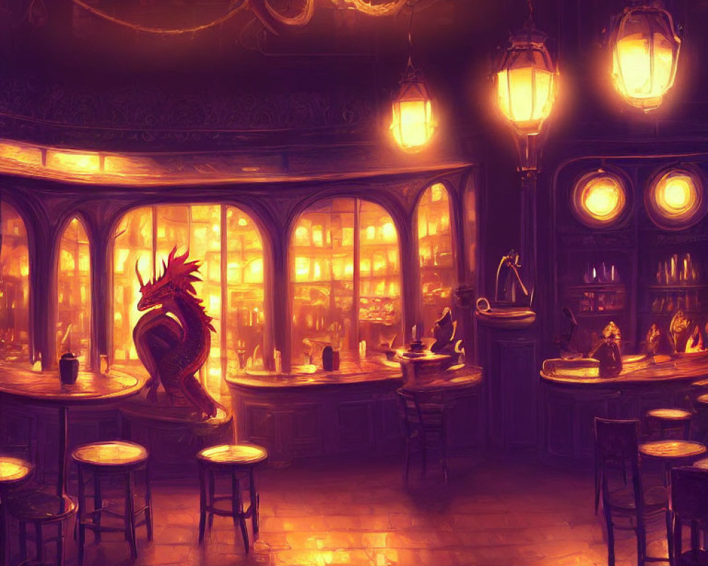 Fantasy tavern with patrons, shelves of bottles, lamps, and red dragon.