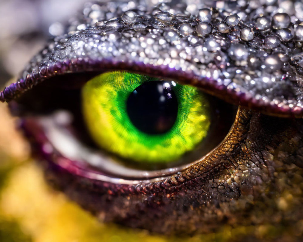 Vibrant green and black reptile eye with textured scales and water droplets