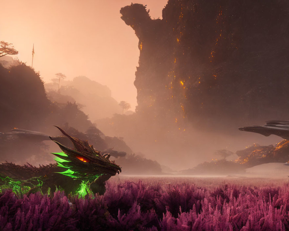Fantastical dusk landscape with purple foliage, dragon-like creature, and towering rock formations
