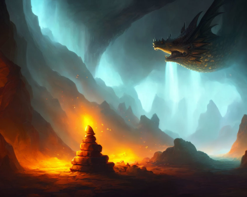 Majestic dragon in luminous cavern with stone structure