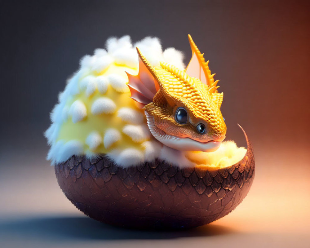 Fantasy hatchling with dragon-like features emerging from a cracked egg in digital art.