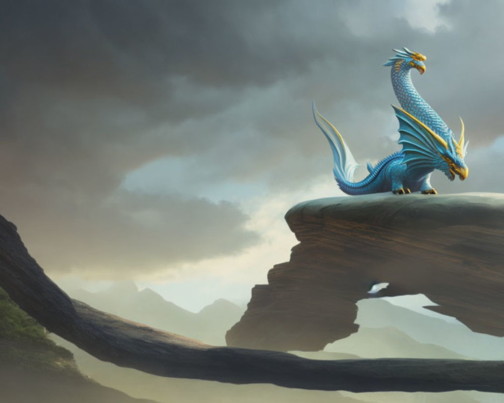Blue dragon perched on cliff with unfurled wings under stormy sky