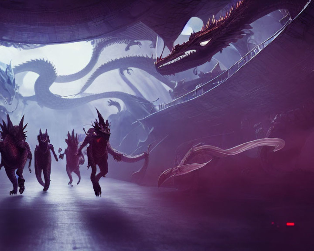 Dragons in futuristic cavern with purple haze