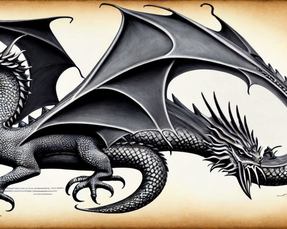 Detailed pencil drawing of majestic dragon with expansive wings and intricate scales.