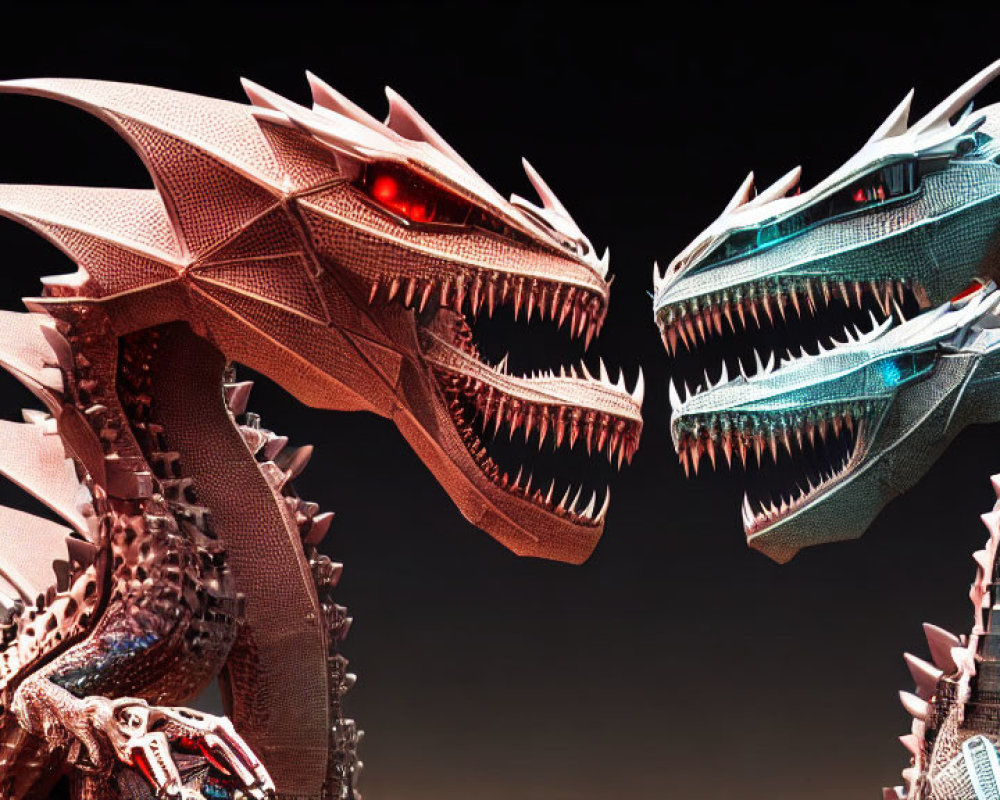 Detailed Mechanical Dragons with Red Eyes Facing Each Other on Dark Background