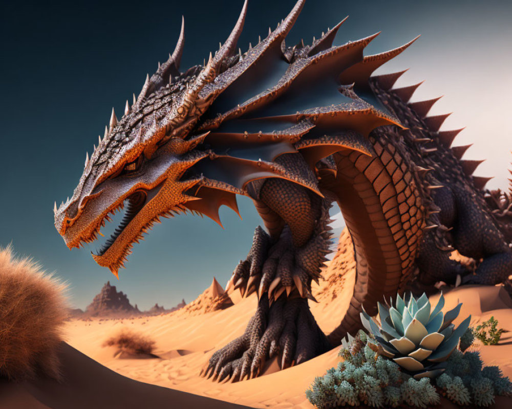 Orange Dragon with Detailed Scales in Desert Landscape
