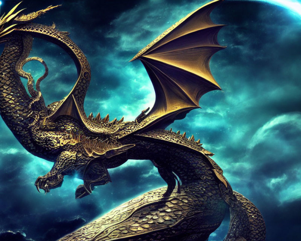 Golden dragon flying through moonlit sky with shimmering scales and extended wings