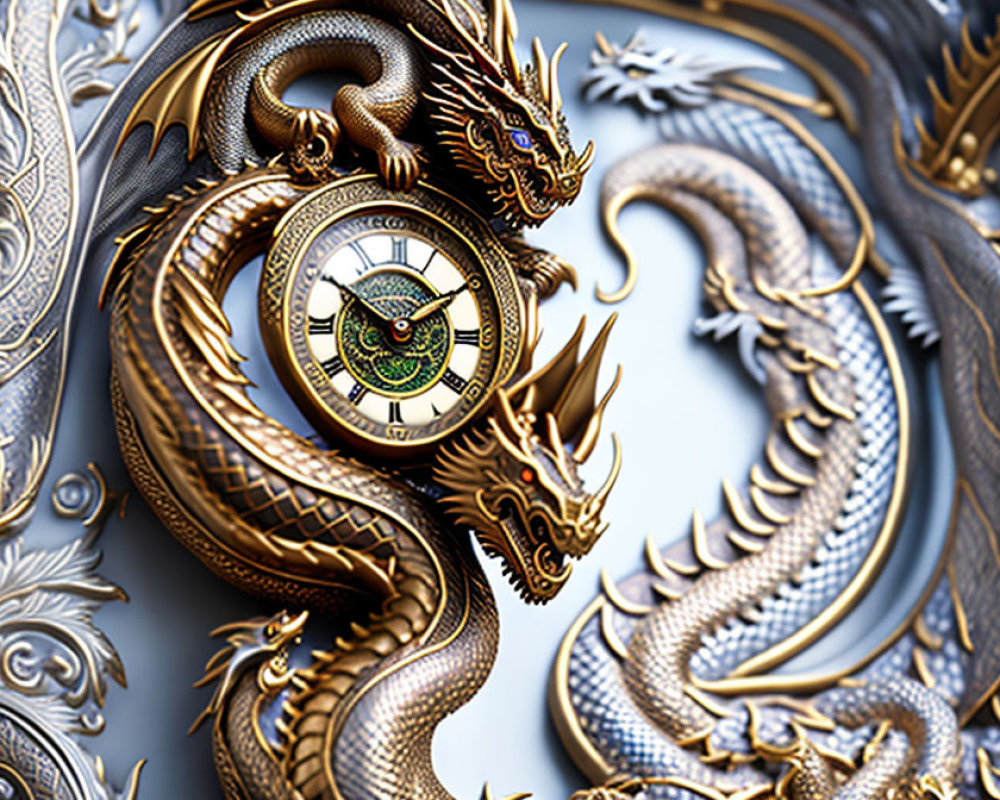 Golden dragon coiled around intricate clock on baroque silver background