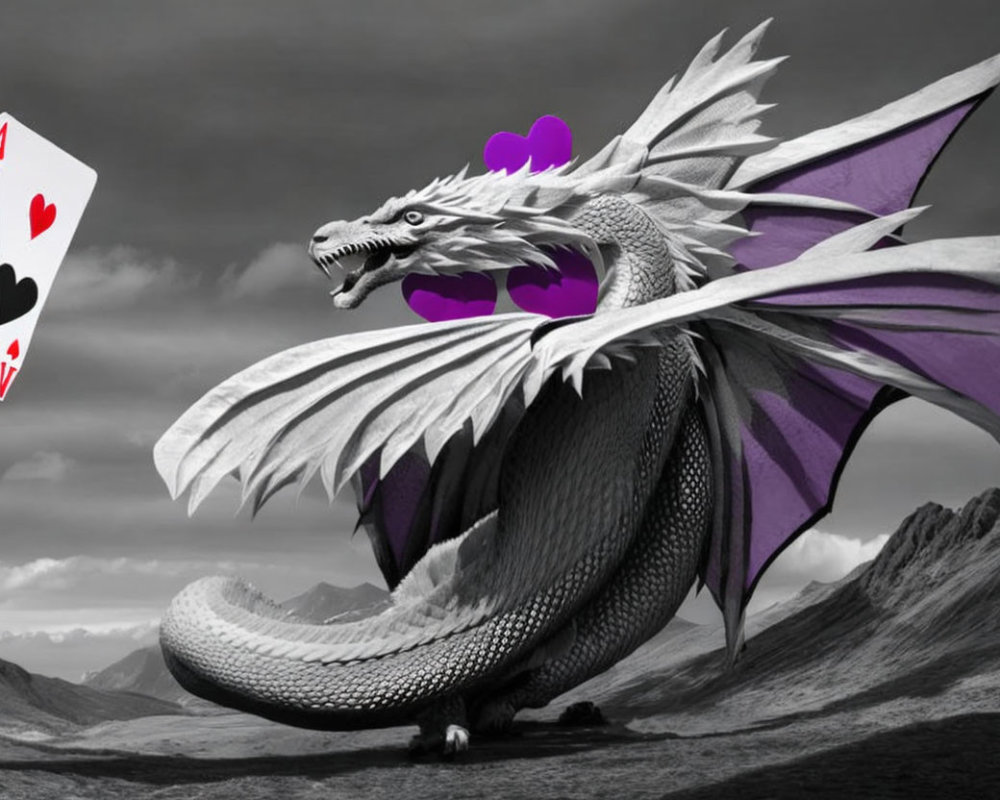 Grayscale dragon with purple wings in mountain landscape with hearts and ace of hearts.