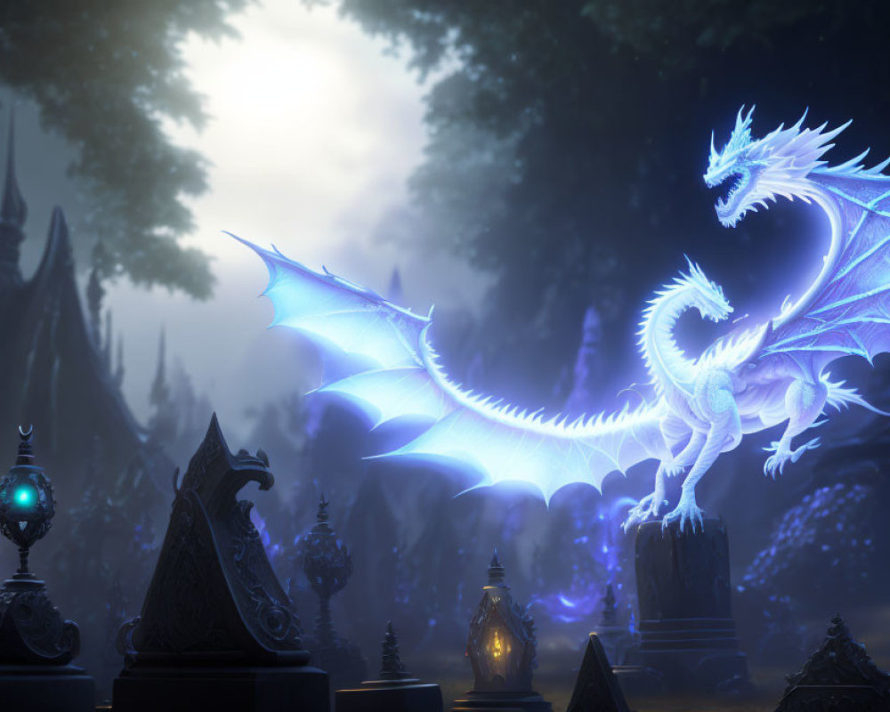 Majestic blue dragon in mystical forest with lanterns & gothic architecture