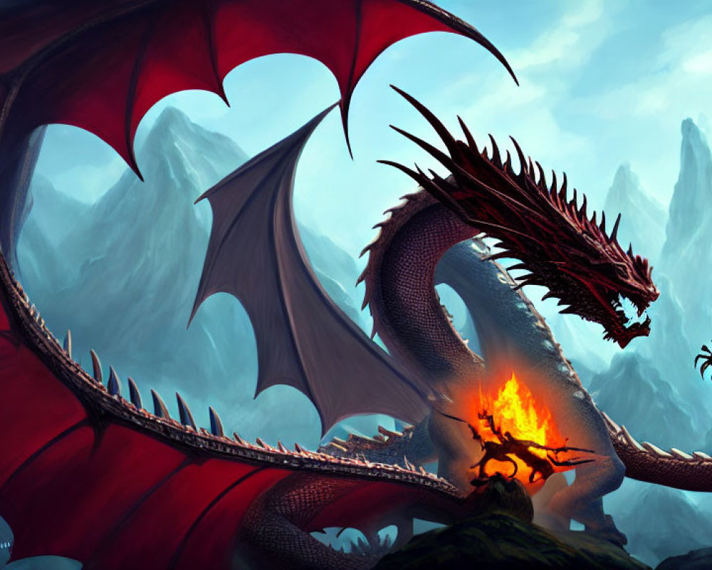 Majestic dragon with spread wings and fiery breath in mountain landscape