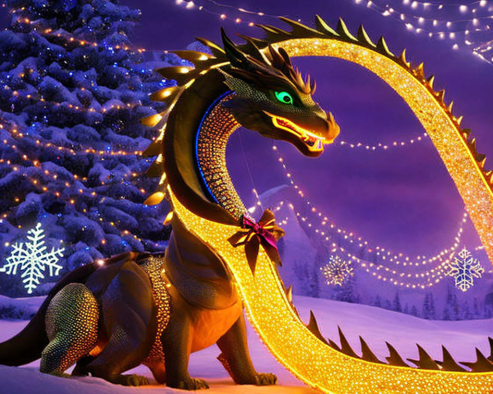 Glowing-eyed animated dragon in snowy Christmas scene