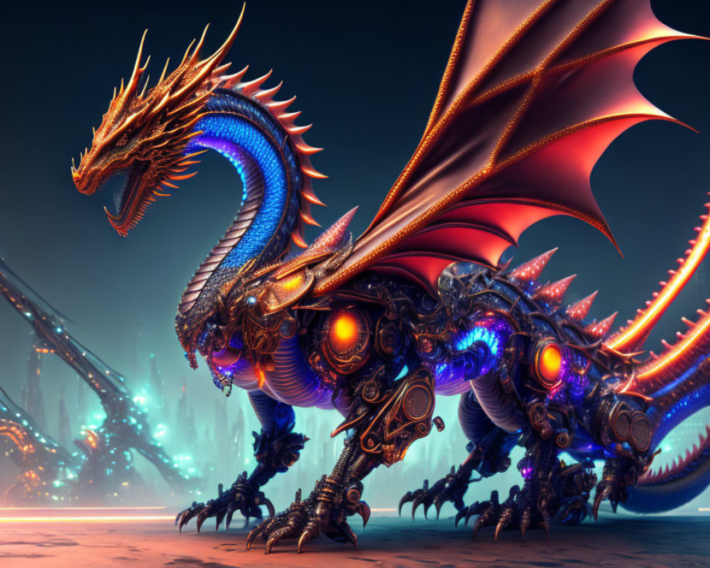 Mechanical dragon with glowing armor in futuristic cityscape