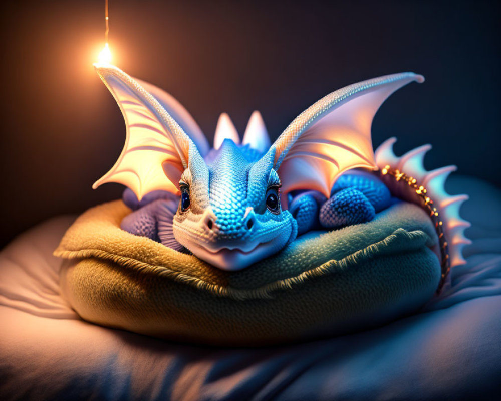 Blue dragon figurine with expansive wings on pillow under warm light