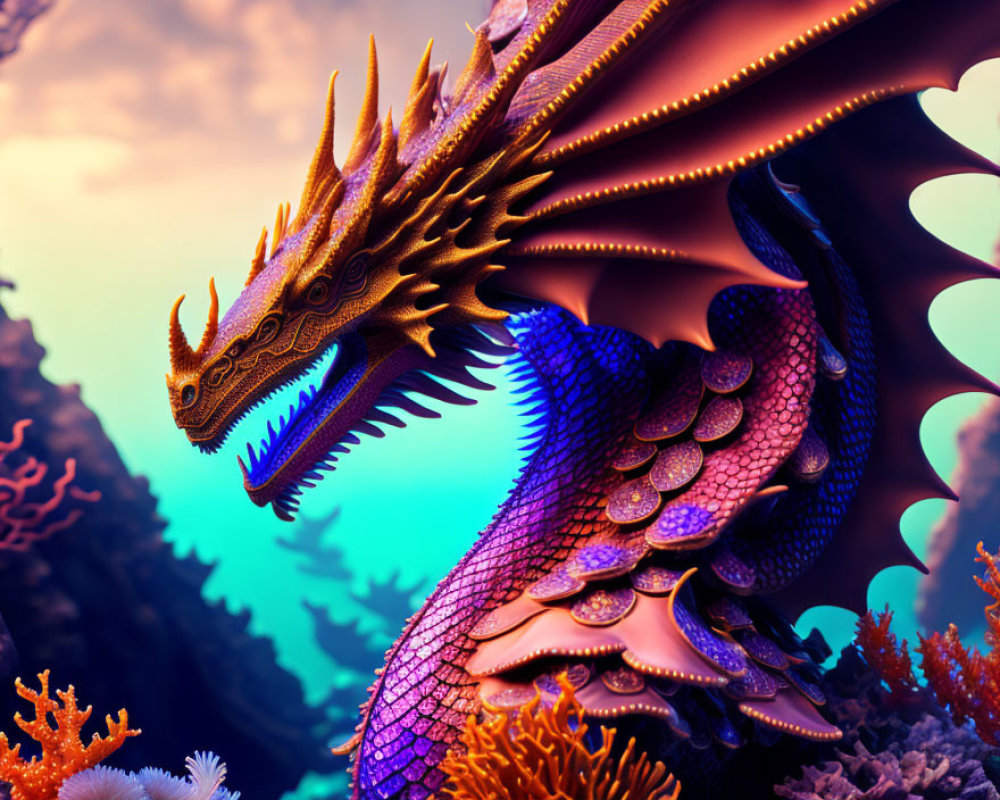 Colorful Digital Artwork: Dragon Among Coral Structures at Sunset
