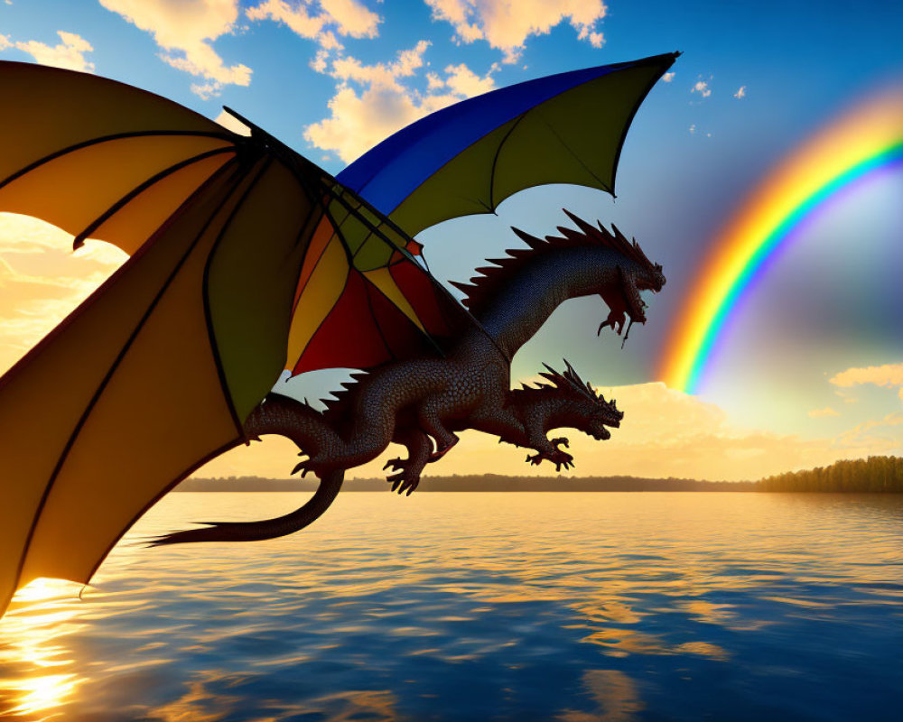 Colorful dragon illustration flying over water with rainbow at sunset