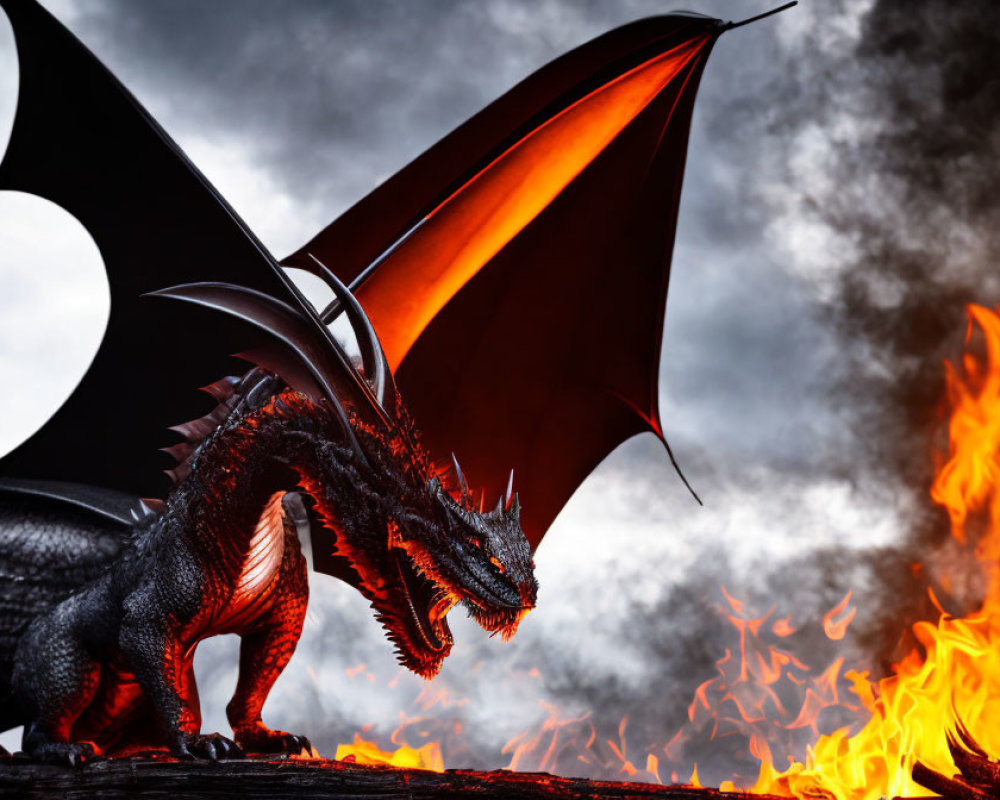 Black dragon with glowing orange underwings in fiery setting.