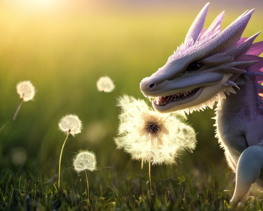Purple-accented dragon blowing dandelion seeds at sunset