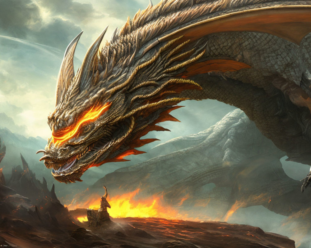 Majestic dragon breathing fire near lone figure in molten landscape