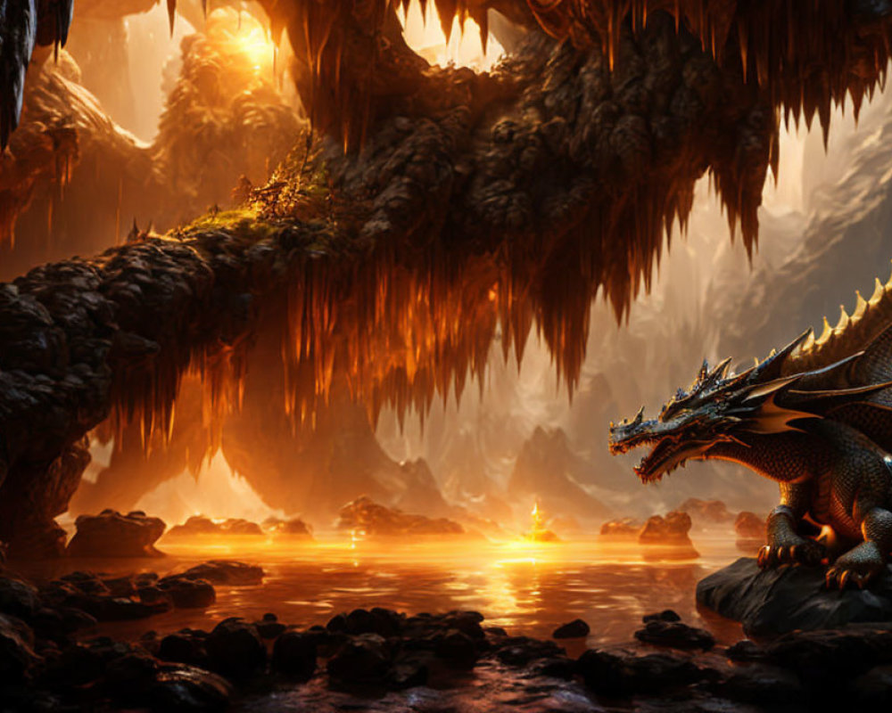 Majestic dragon in cavernous landscape with molten lava river