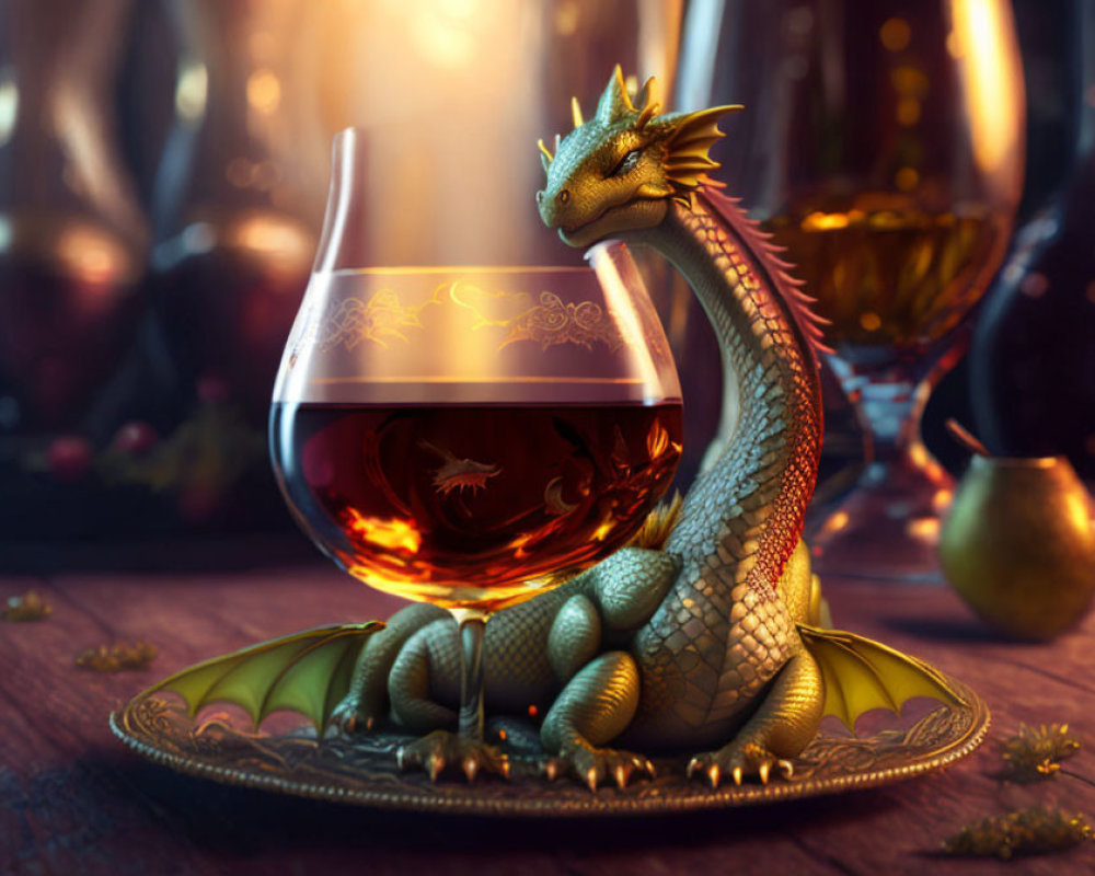 Illustration of small dragon with brandy snifter on golden plate