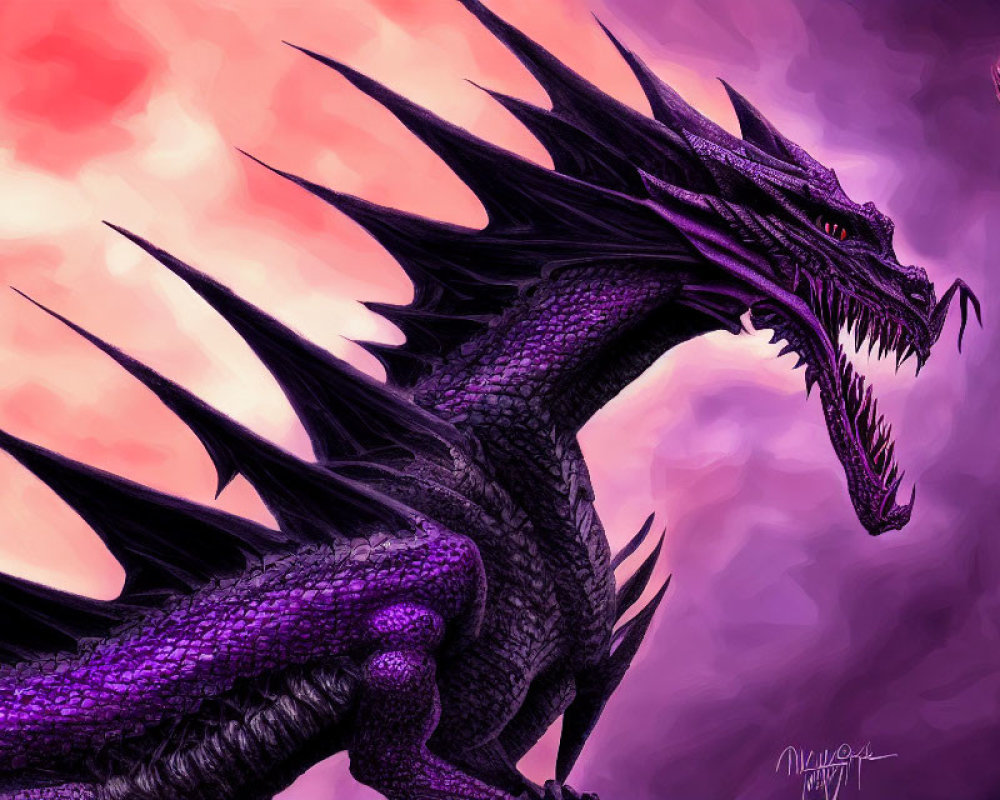 Purple dragon roaring at smaller dragon in fiery sky