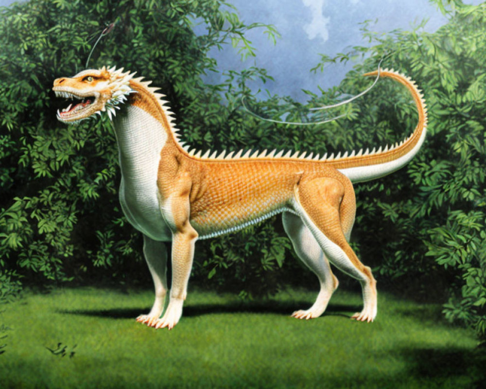 Theropod Dinosaur with Orange and White Stripes in Lush Green Setting