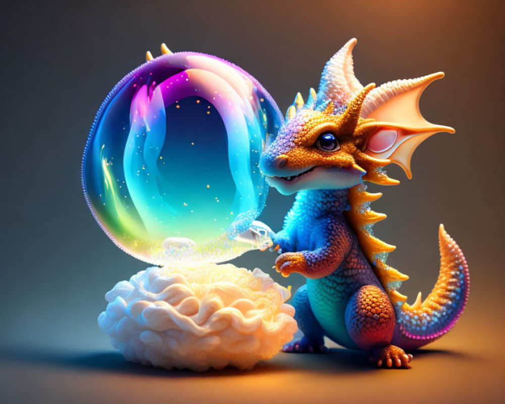 Colorful Dragon Illustration Beside Bubble Portal on Cloud