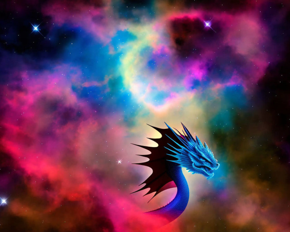 Colorful cosmic scene: blue dragon in multicolored nebula under starry sky