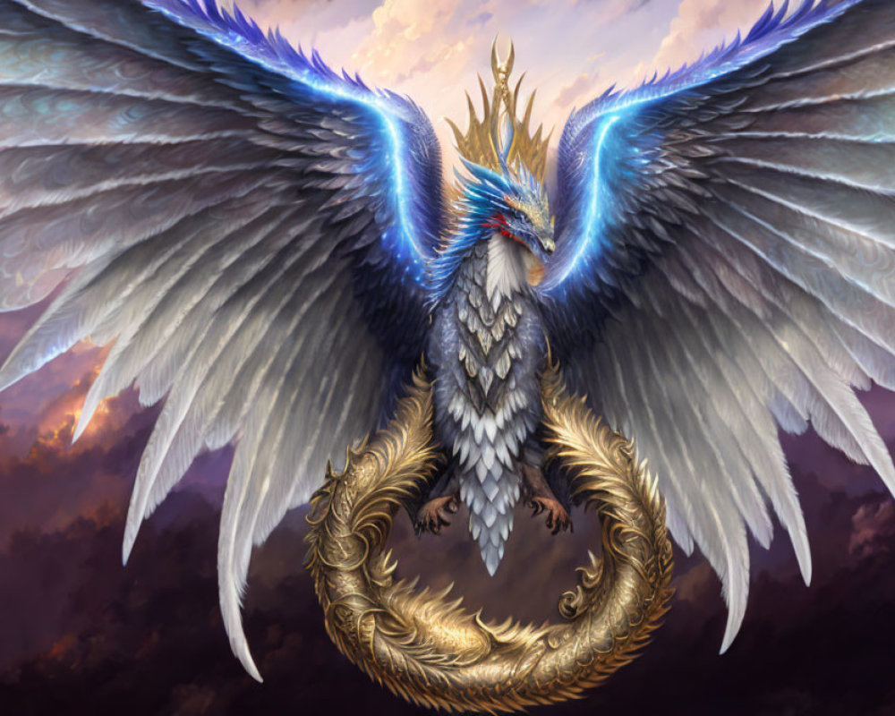 Majestic fantasy bird with golden and blue feathers in twilight sky