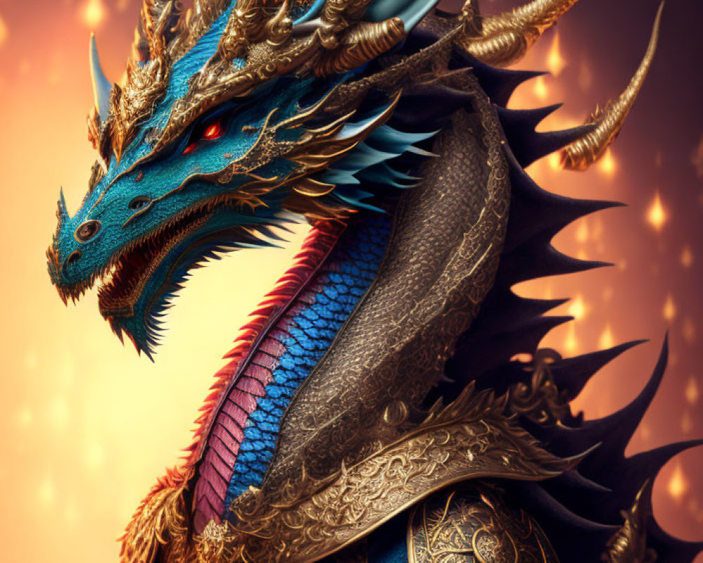 Detailed artwork: Majestic dragon with golden horns and armor in fiery backdrop