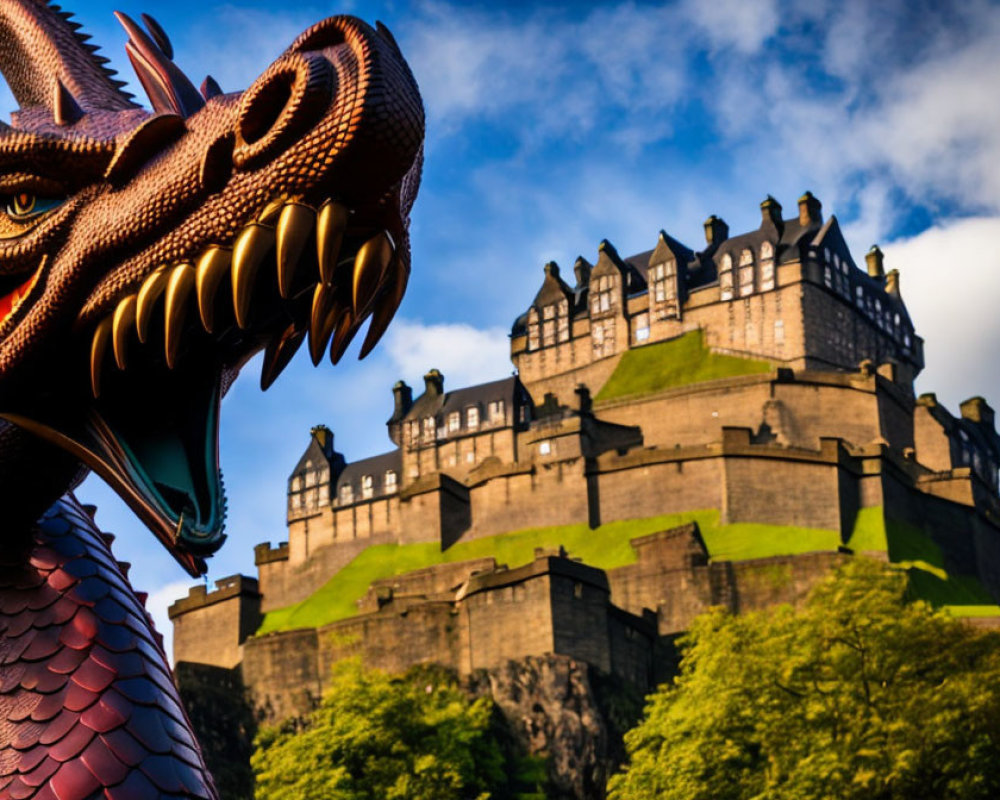 Dragon statue with open jaw in front of historic castle on sunny day