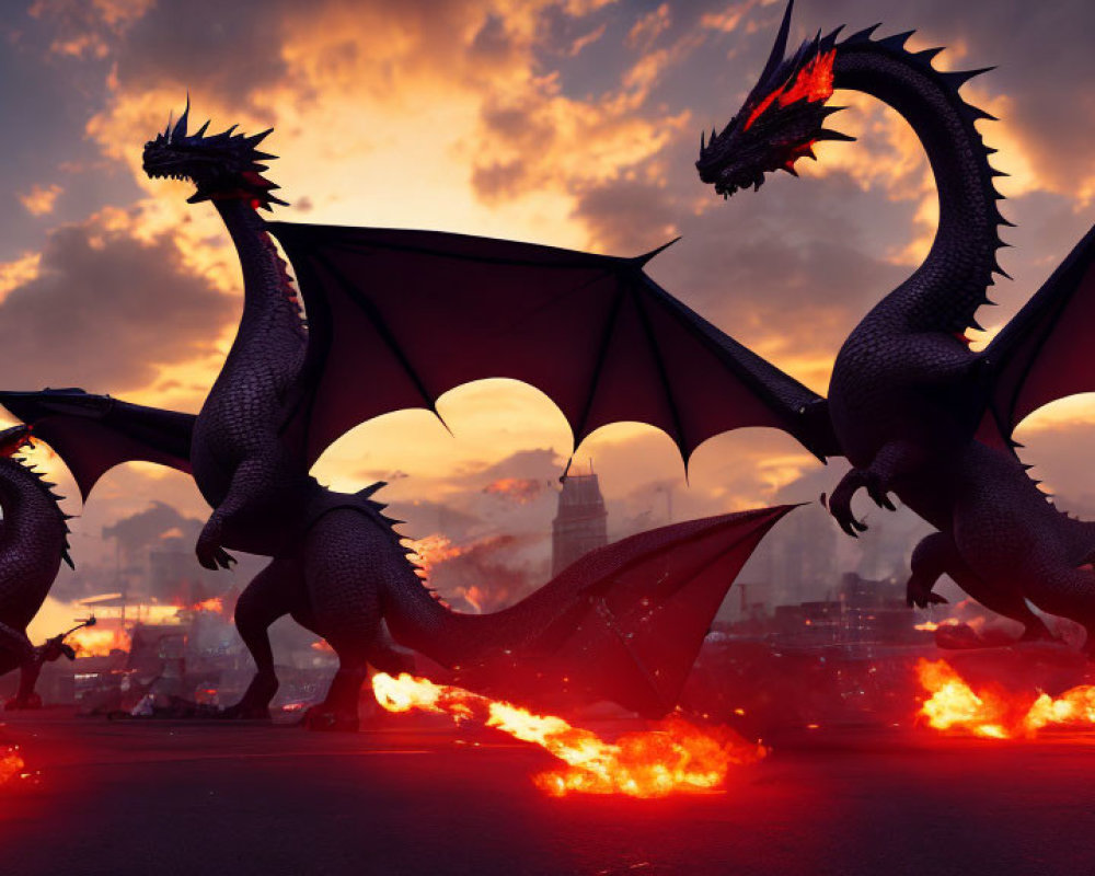 Three fire-breathing dragons in cityscape at sunset.