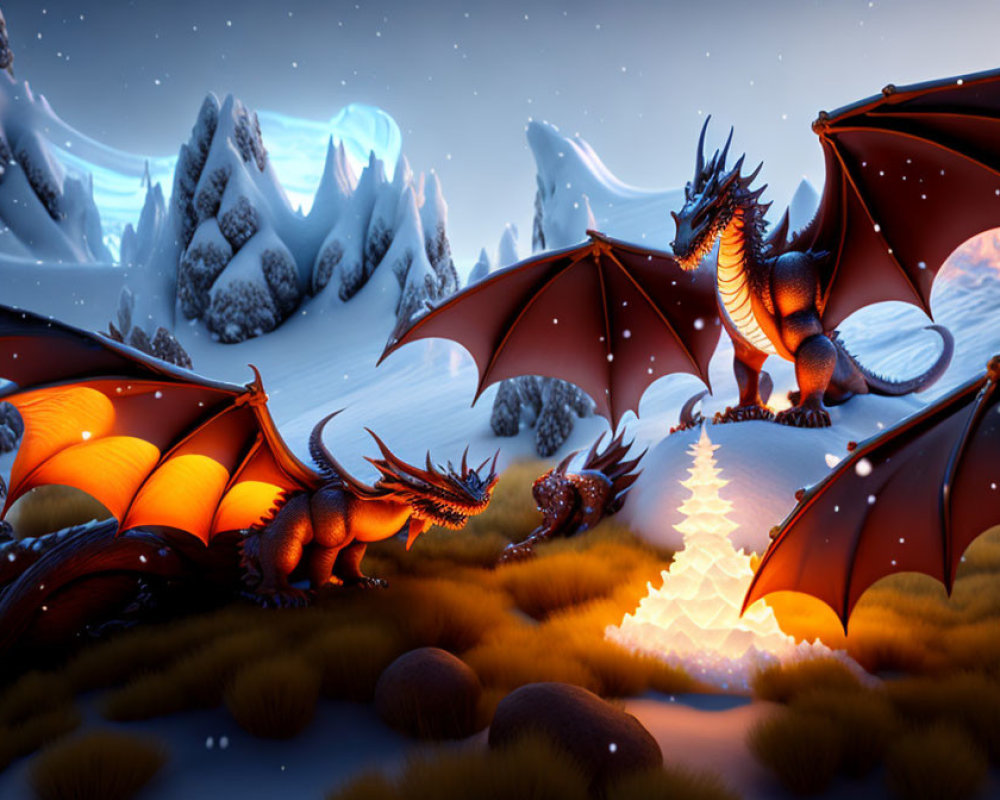 Glowing-winged dragons by crystalline tree in snowy twilight.