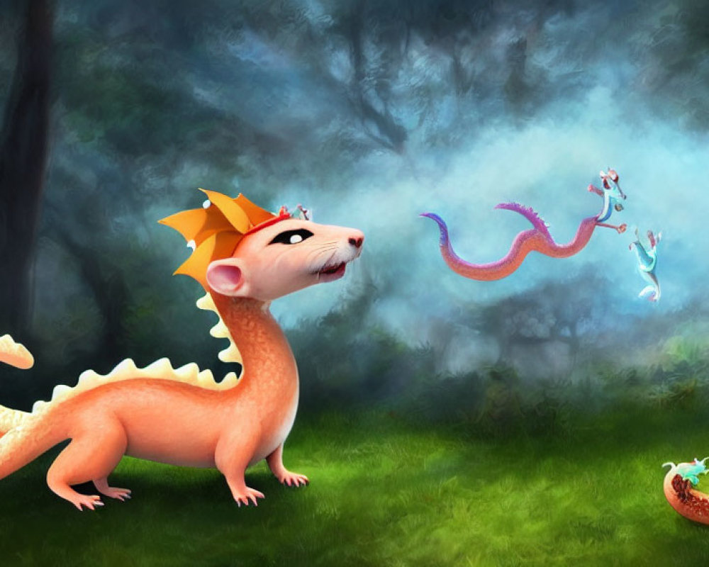 Orange lizard-like creatures with crowns playing in mystical forest with floating dragons