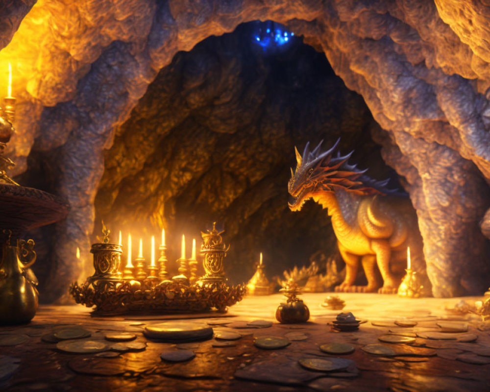 Dragon in candlelit cave with scattered gold coins