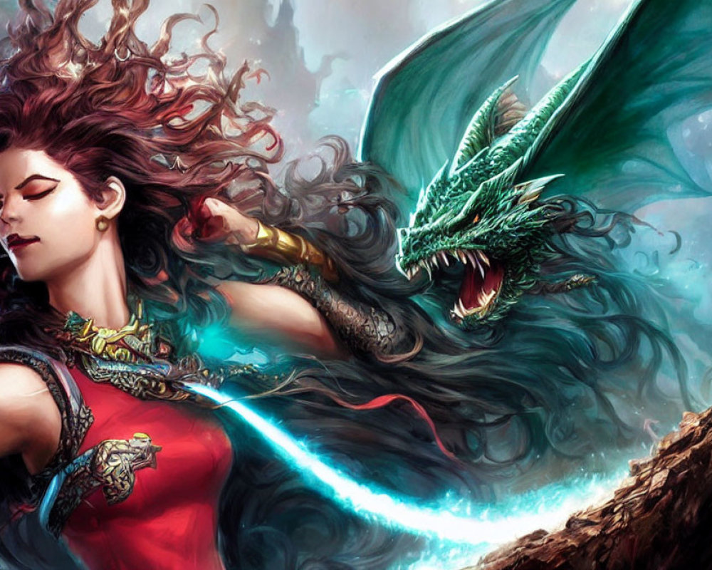 Warrior woman with glowing sword battles green dragon in fantastical scene