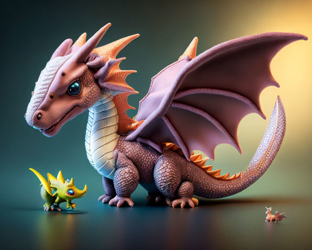 Three dragons: two large with wings, one small, in 3D against gradient backdrop