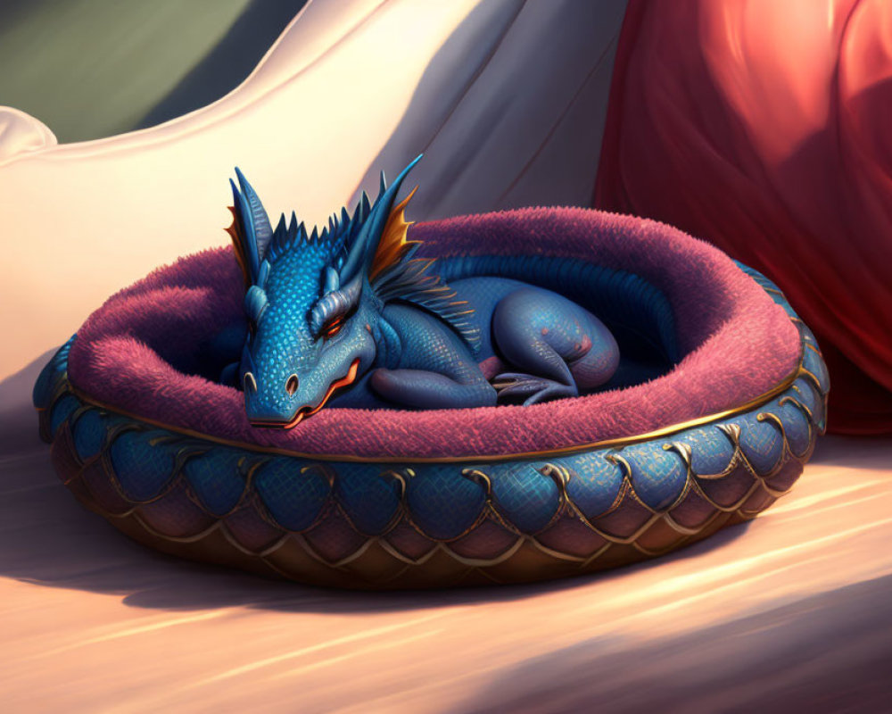 Blue Dragon Resting in Purple and Gold Pet Bed