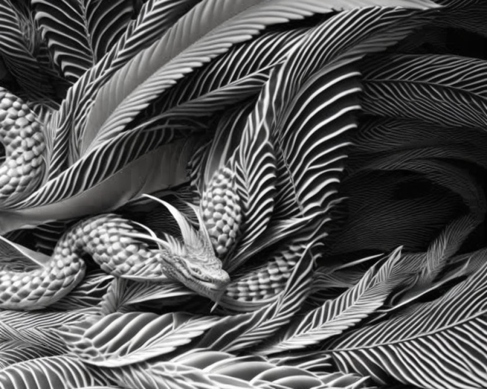 Monochrome image of intricate overlapping feather pattern