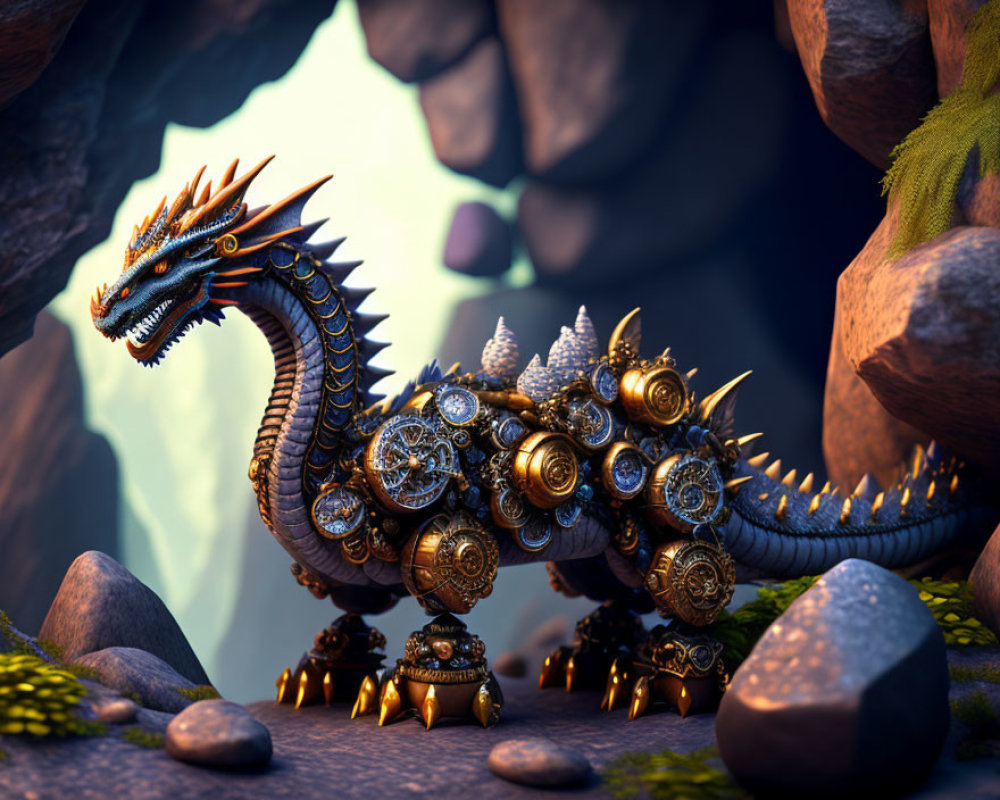 Mechanical dragon with intricate gears and metallic scales among rocks