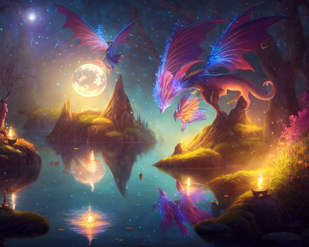 Vibrant dragons in mystical moonlit lake scene