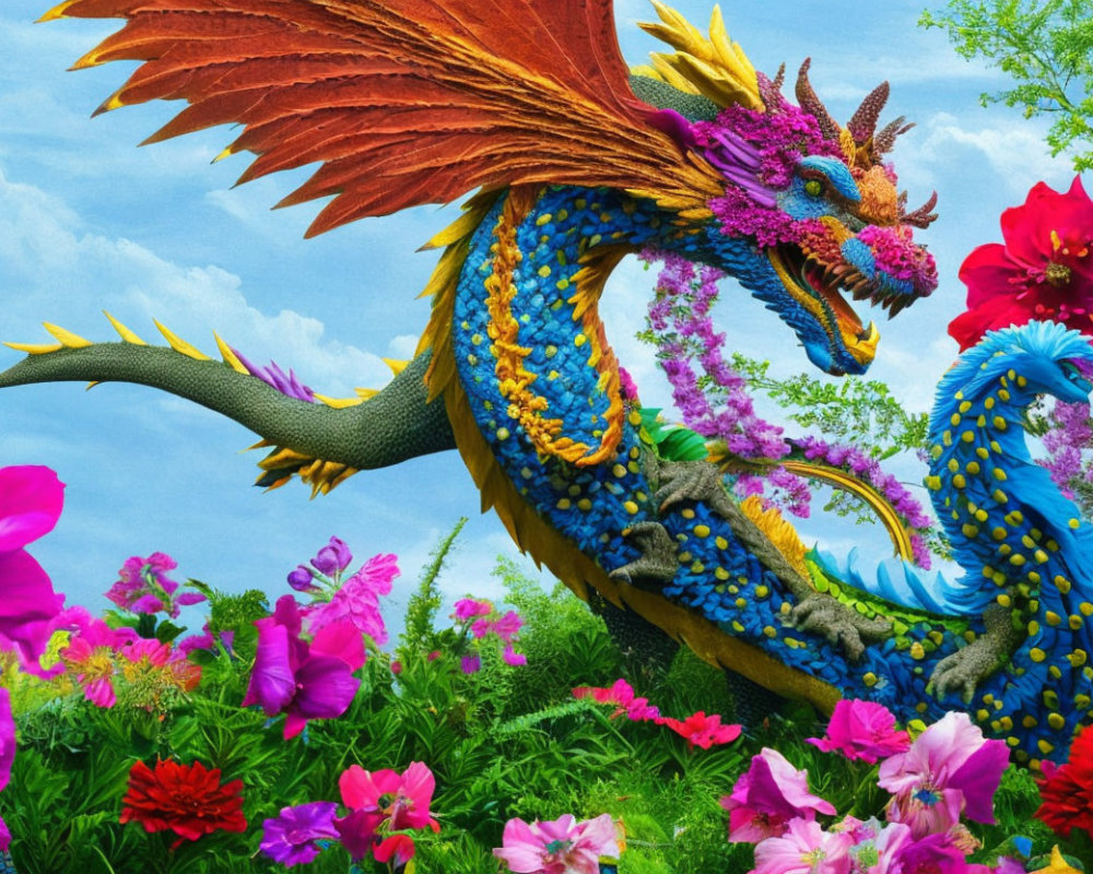 Colorful Fantasy Dragon Surrounded by Vibrant Flowers under Blue Sky