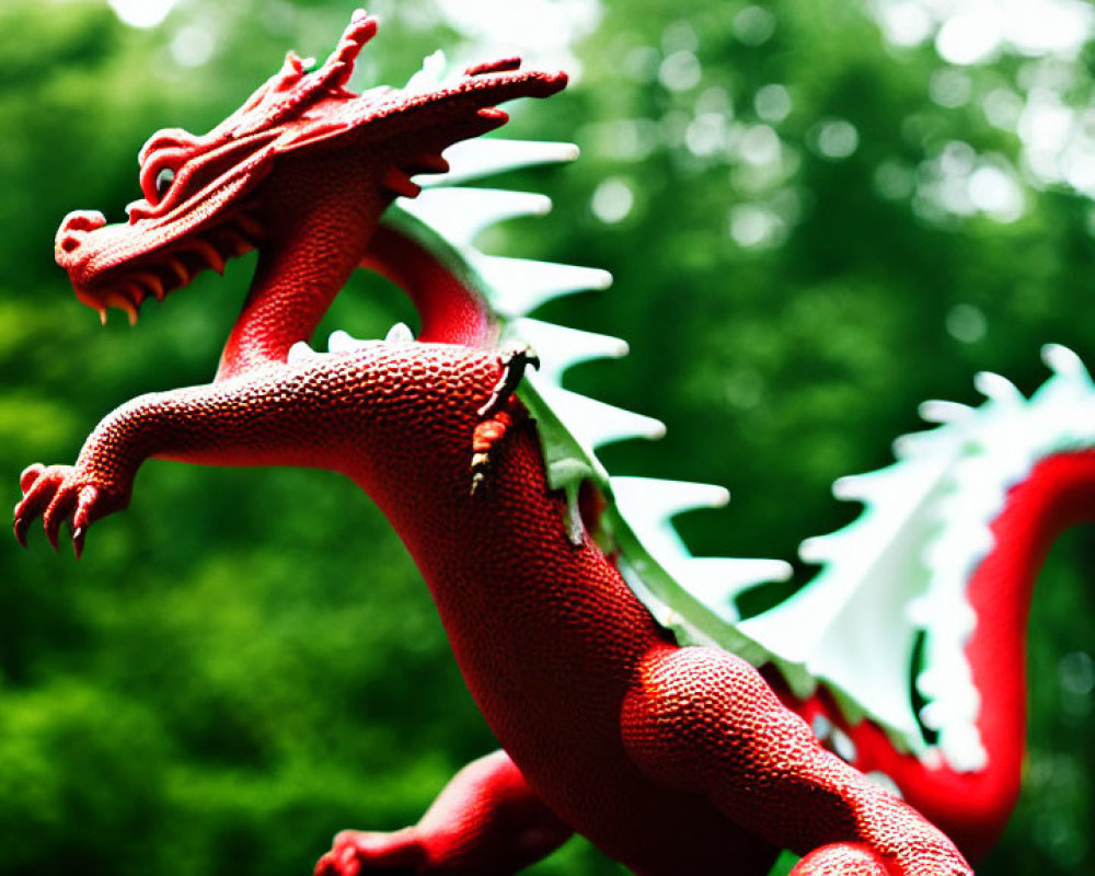 Intricate red dragon statue against green background