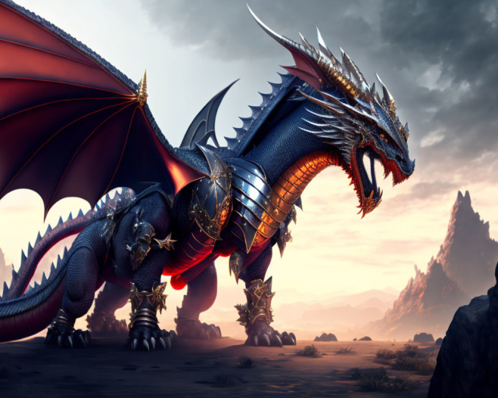 Majestic dragon with red eyes in dusky rocky landscape