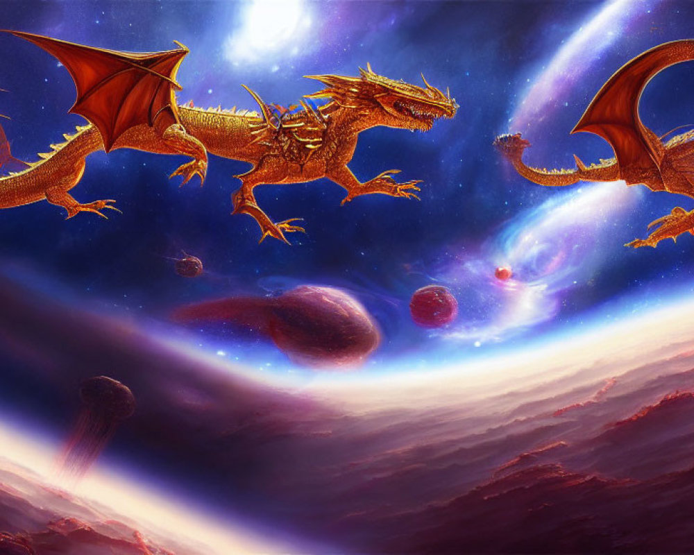 Majestic dragons in cosmic landscape with planets and stars
