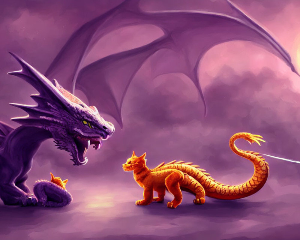 Illustration of roaring purple and orange dragons under a purple sky with wing silhouette