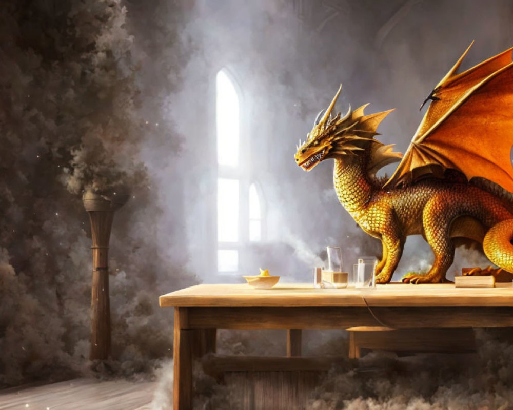 Golden dragon beside wooden table in misty room with sunlight through arched window